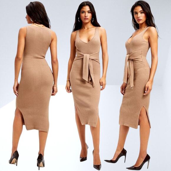 GOOD AMERICAN Rib Tie Waist Midi Dress Taupe Beige Maxi Sexy Cocktail Curvy 4X 7 - Picture 1 of 15